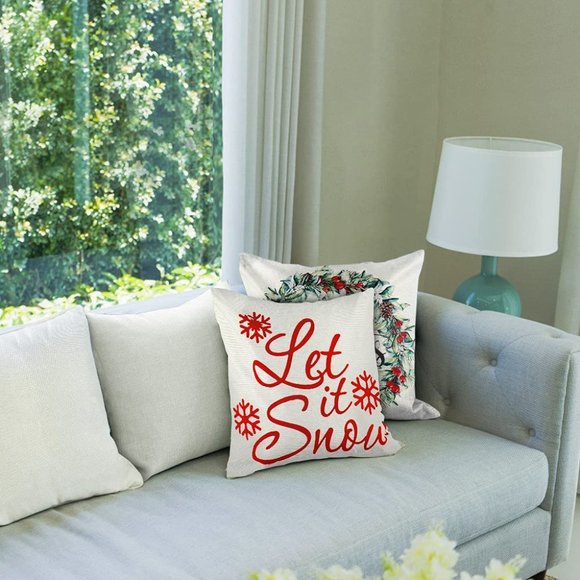 4 Farmhouse Christmas Throw Pillow Covers 18"x18" Linen Let It Snow Farm Fresh - Picture 4 of 11